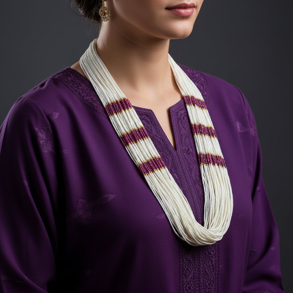 White beaded belt with purple and gold accents on a dark background