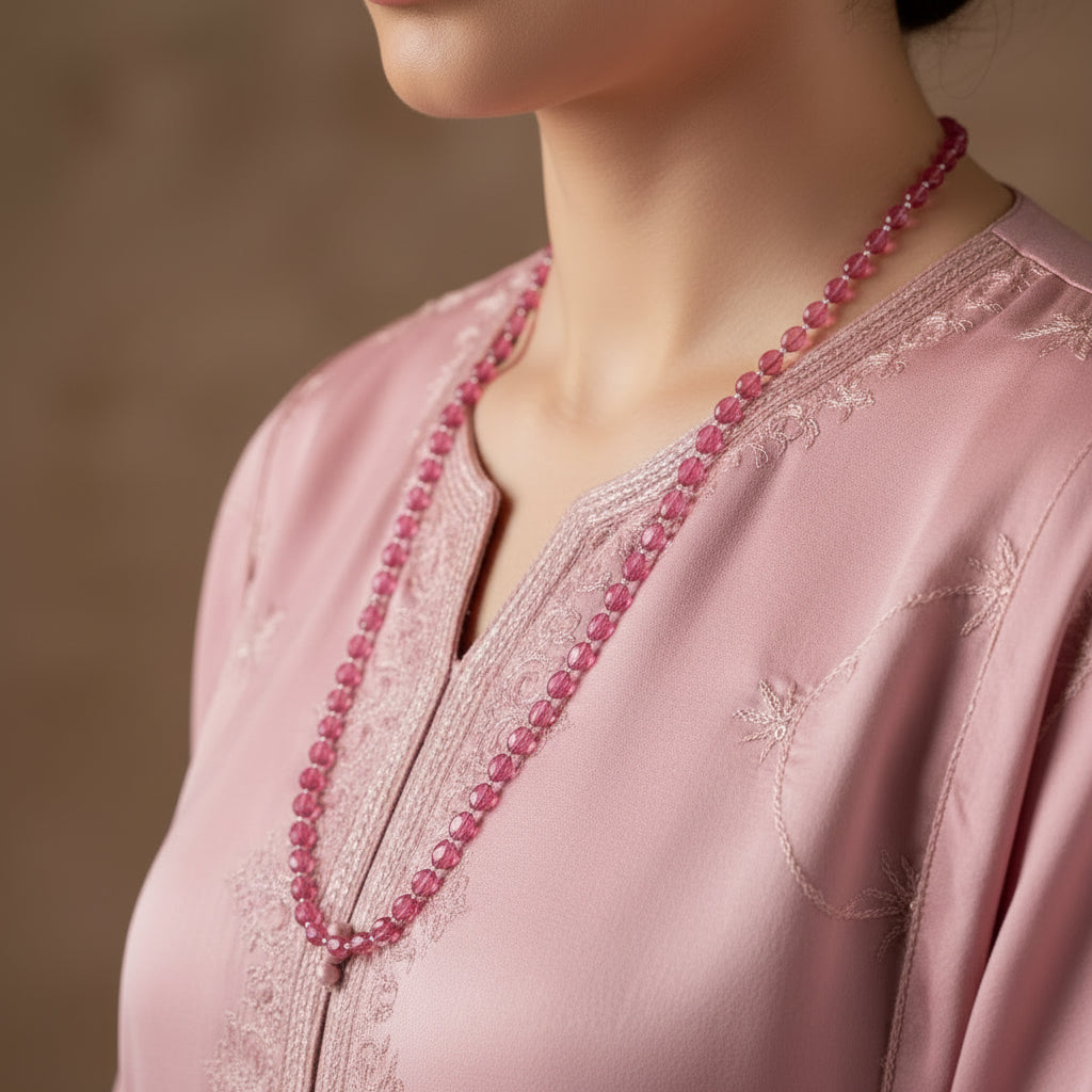 Pink beaded necklace on a dark gray background