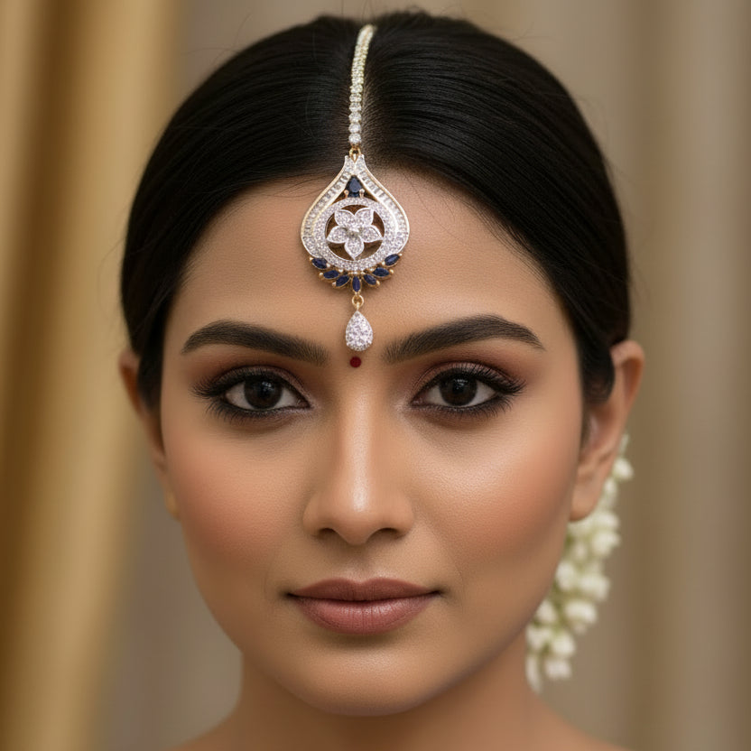 Delicate necklace with floral design and gemstones on a dark background, branded 'Saheli'.