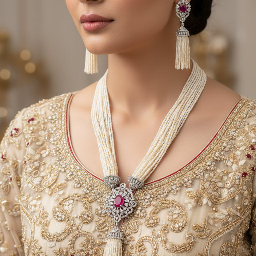 Jewelry set with necklace and earrings on a dark background, featuring the brand 'Saheli'.
