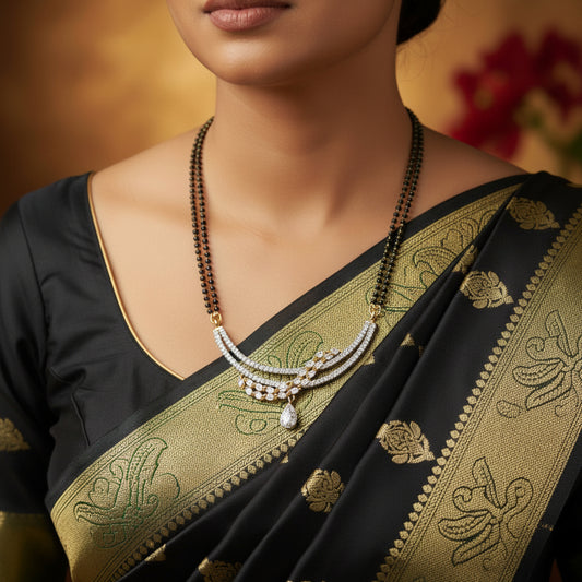 A gold and white crystal jewelry set featuring a necklace and matching earrings, displayed on a black card with the brand name 'SAHELI MY BEST FRIEND' visible on the reflective dark surface.