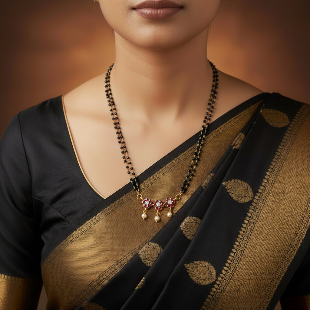 A traditional Indian black bead and gold chain necklace (manglik) featuring a central gold pendant decorated with pink gemstones and three dangling white pearl beads, shown on a dark gray background.