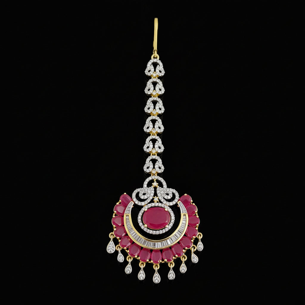 Decorative hairpin with pink and gold design on a dark background, branded 'SAHELI'.