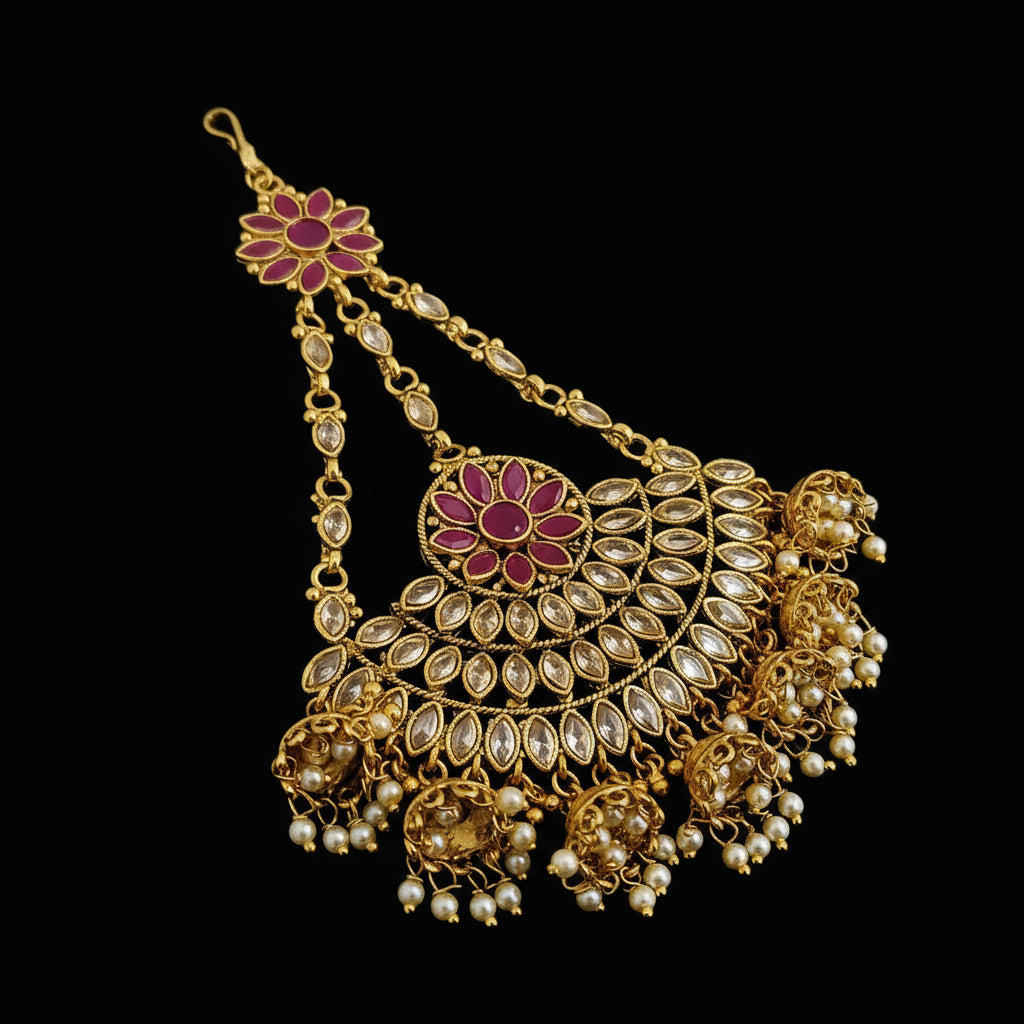 Gold and pink traditional necklace on a dark background with 'SAHELI' branding.