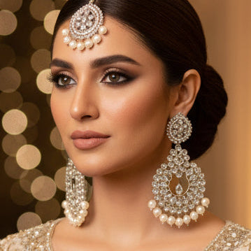 Jewelry set with earrings and necklace on a dark background, featuring the brand 'Saheli'.