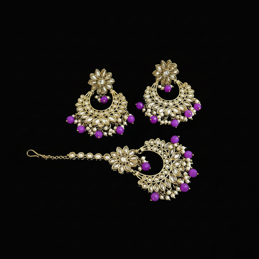 Gold and purple jewelry set with 'Saheli' branding on a dark background