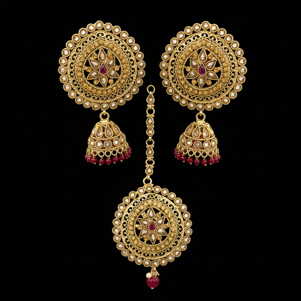 Gold and red jewelry set on a dark background with 'Saheli' branding.