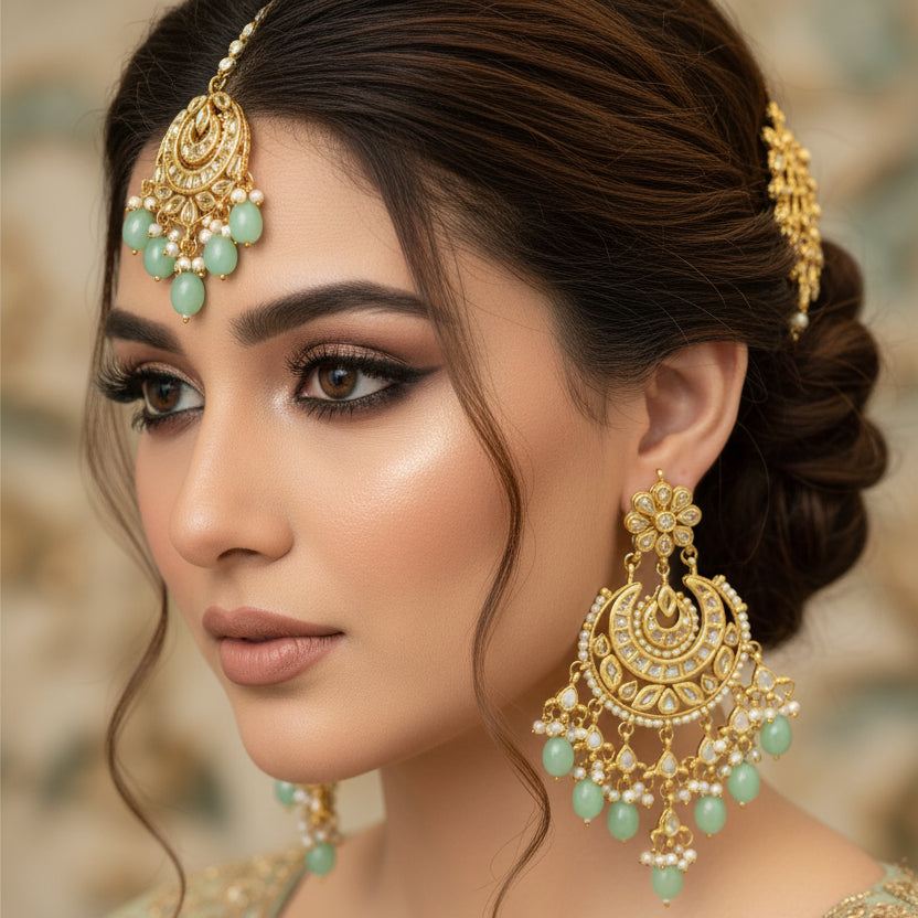 Pair of gold and green earrings on a black background