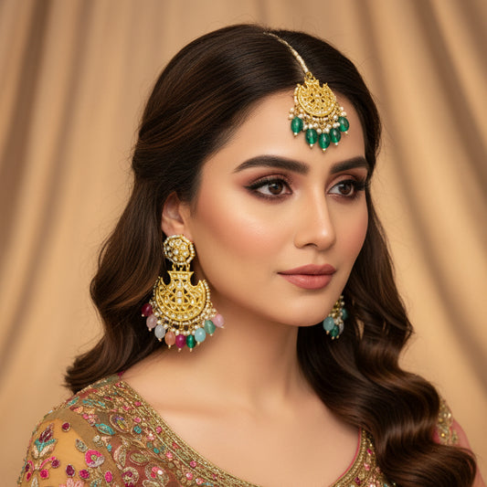 Gold earrings with colorful beads on a black background