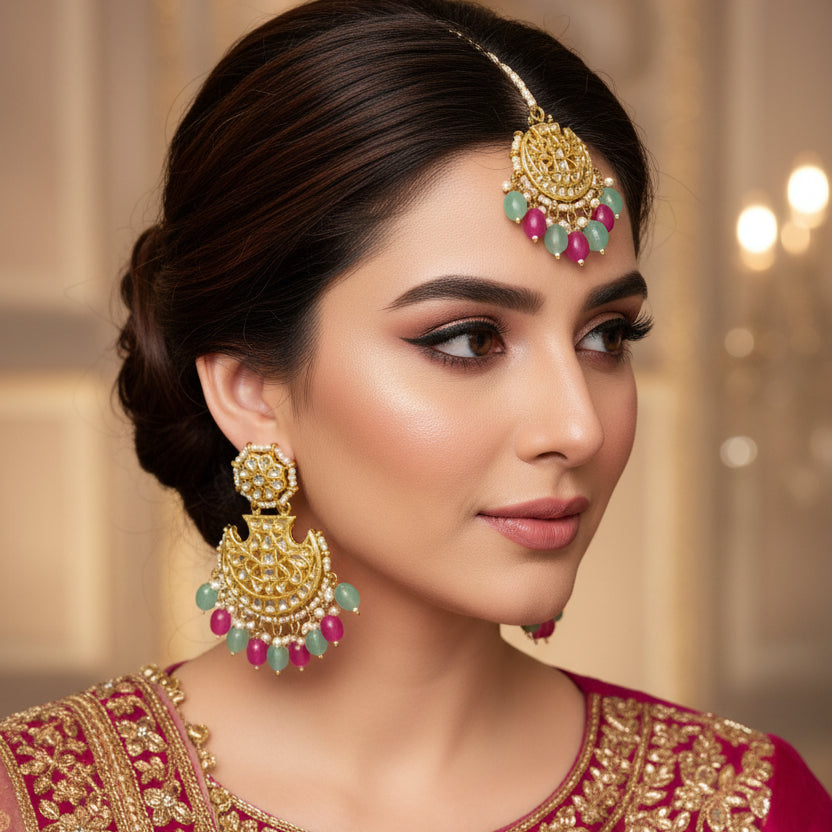 Gold earrings with green and red stones on a black background