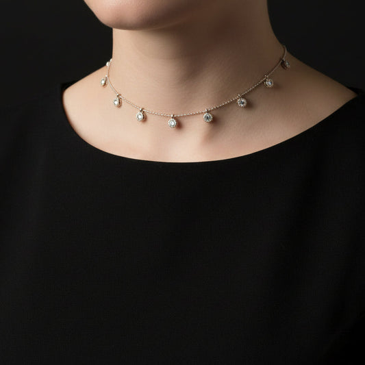 Delicate necklace with small diamonds on a dark background