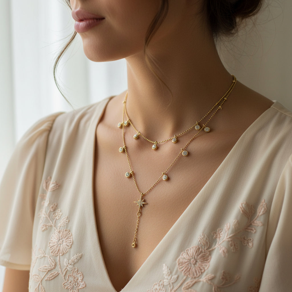 Gold necklace with star pendant on a black background