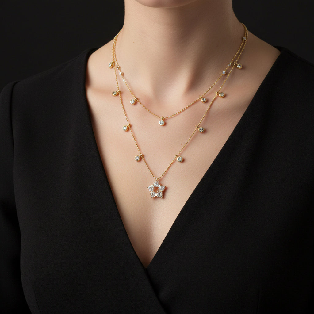 Gold necklace with a star-shaped pendant on a black background