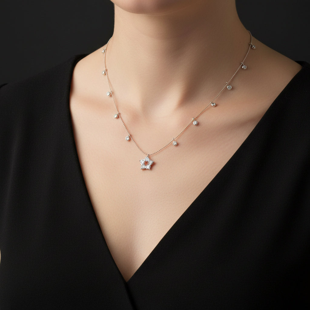 Necklace with a floral pendant on a black background