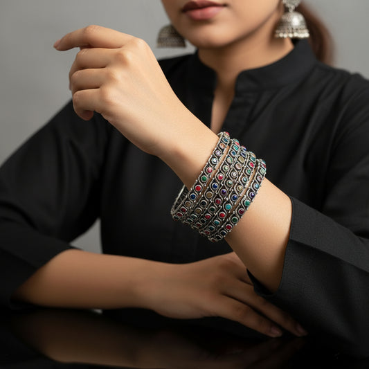 Set of colorful beaded bracelets on a dark background