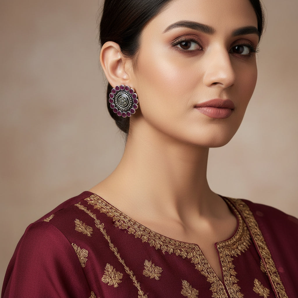 Pair of silver earrings with red gemstones on a dark background
