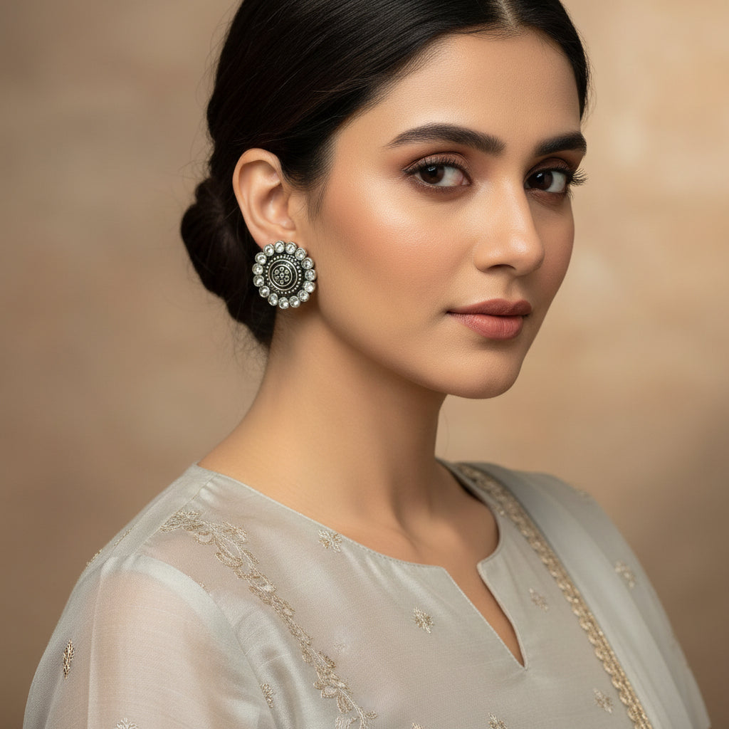 Pair of silver earrings with intricate designs on a black background
