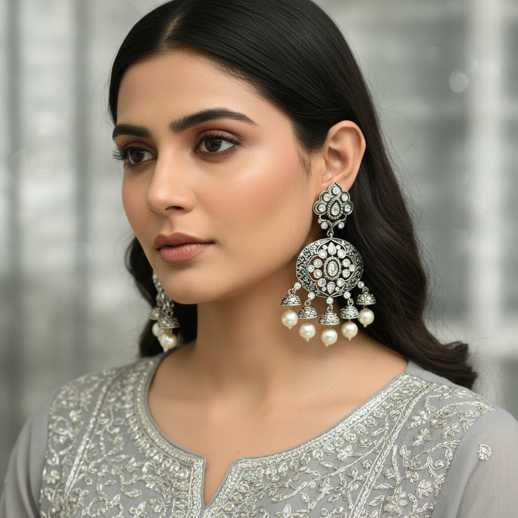 A pair of ornate silver-toned jhumka earrings with clear rhinestones and white pearl drops, displayed on a dark gray Y-shaped stand against a gray background with an HP logo partially visible.