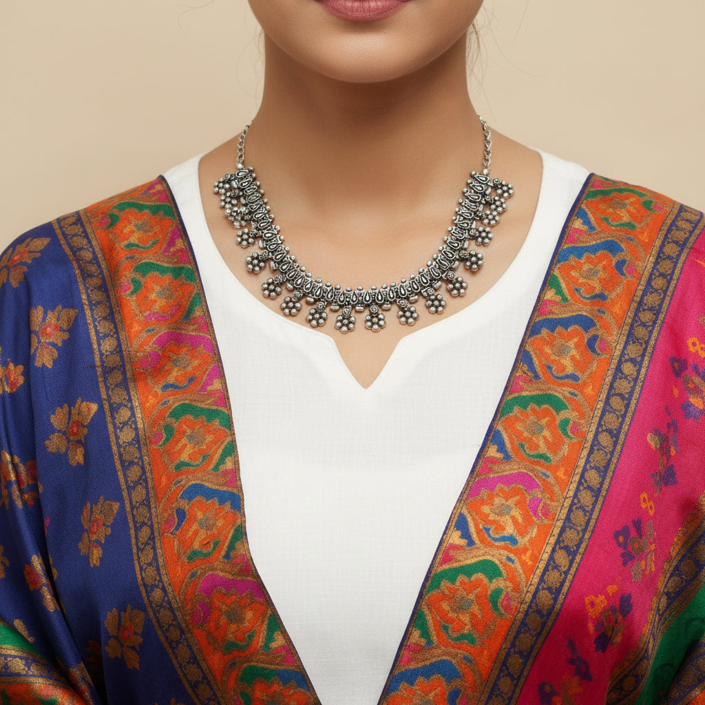 Silver necklace on a dark background
