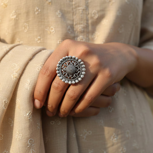 Silver ring with intricate design on a gray background