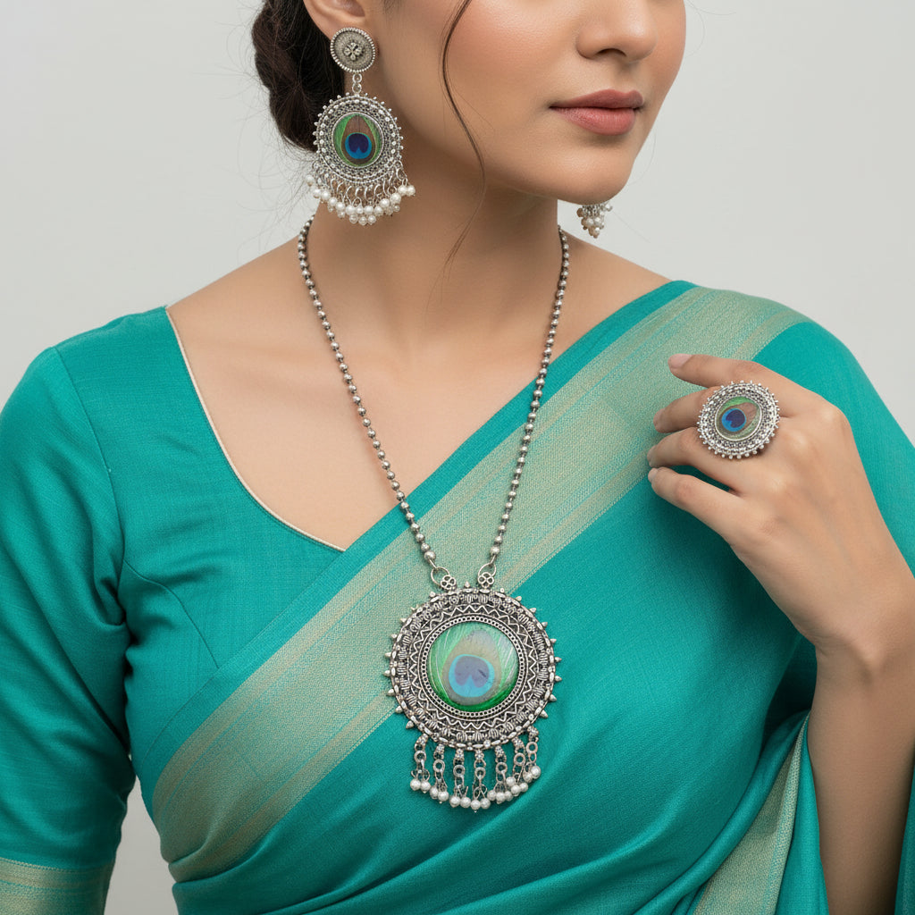 Jewelry set with peacock feather design on a gray background