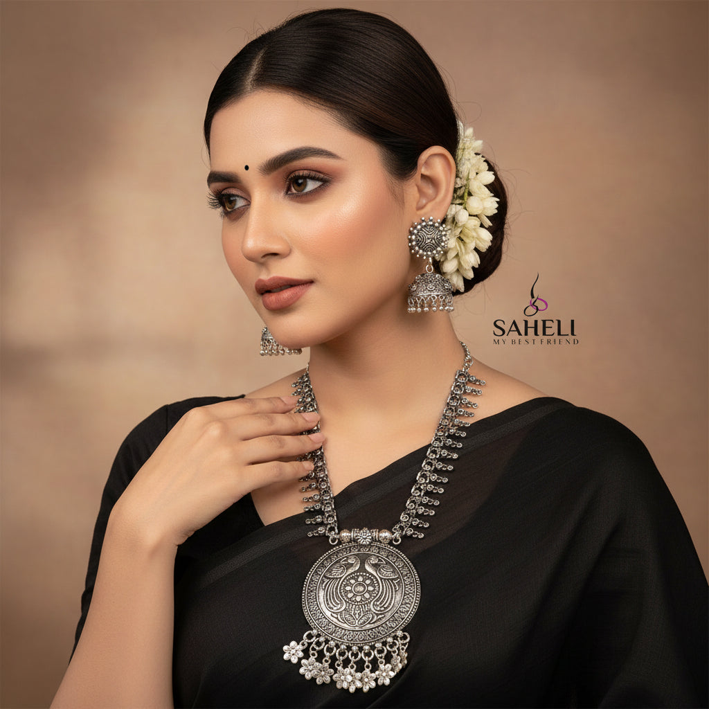 Silver necklace and earrings set with 'Saheli' branding on a white background
