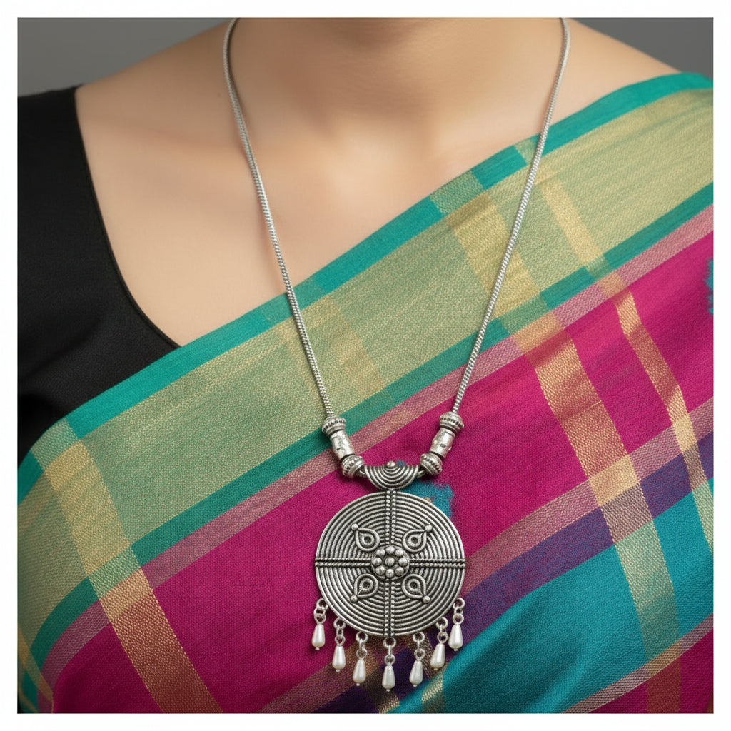 Silver necklace with a detailed pendant on a gray background, featuring the brand 'Saheli'.