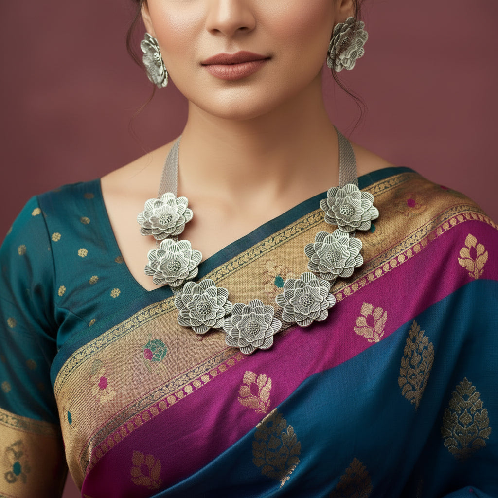 Silver floral necklace and earrings on a dark background