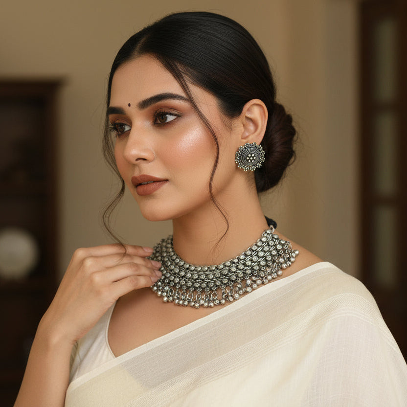 Silver necklace and earrings set on a dark background
