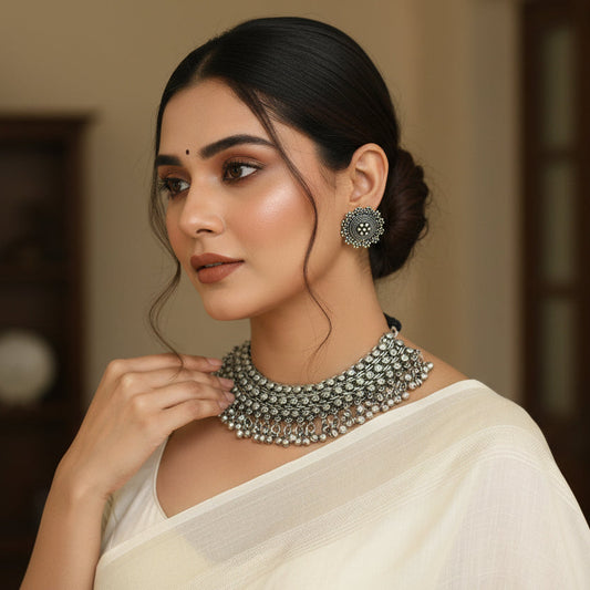Silver necklace and earrings set on a dark background