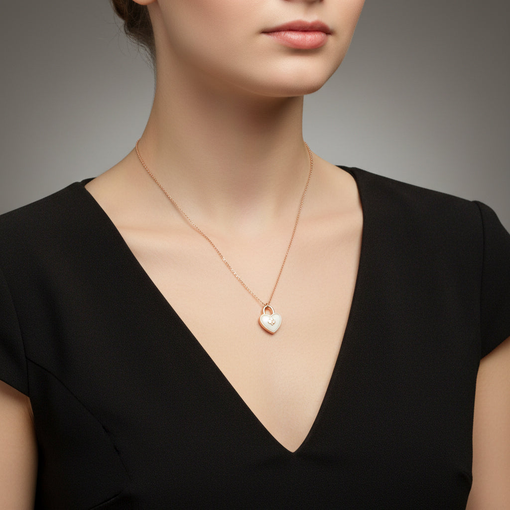 Heart-shaped pendant necklace with 'Saheli' branding on a dark background