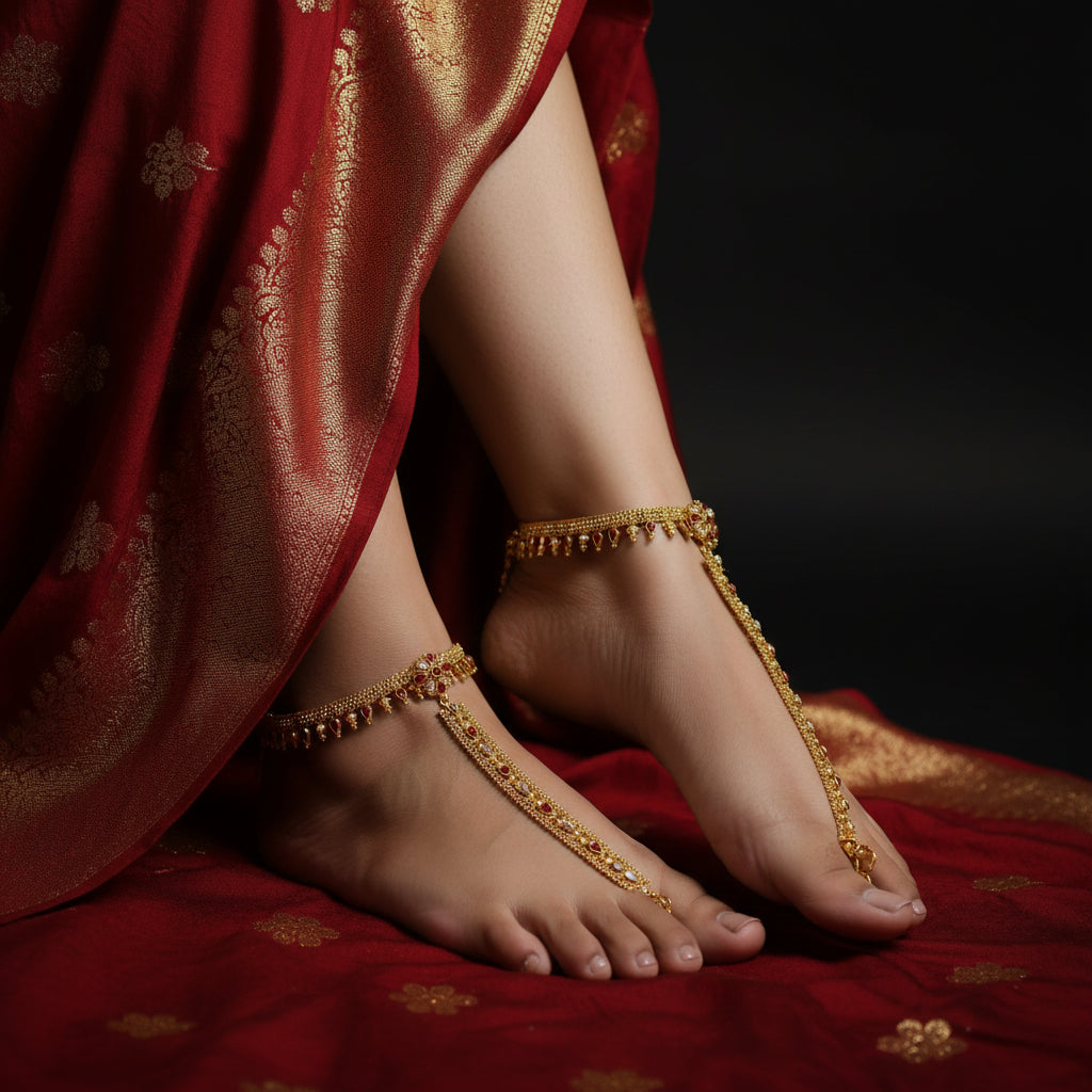 Gold necklace and earrings set with 'Saheli' branding on a dark background