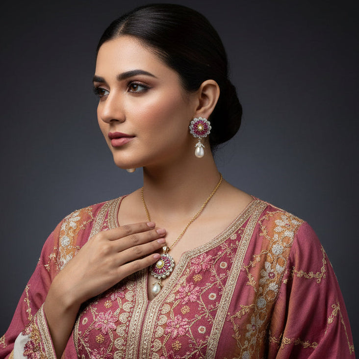 Ornate earrings with floral design and pearl drops on a dark background, branded 'Saheeli'.