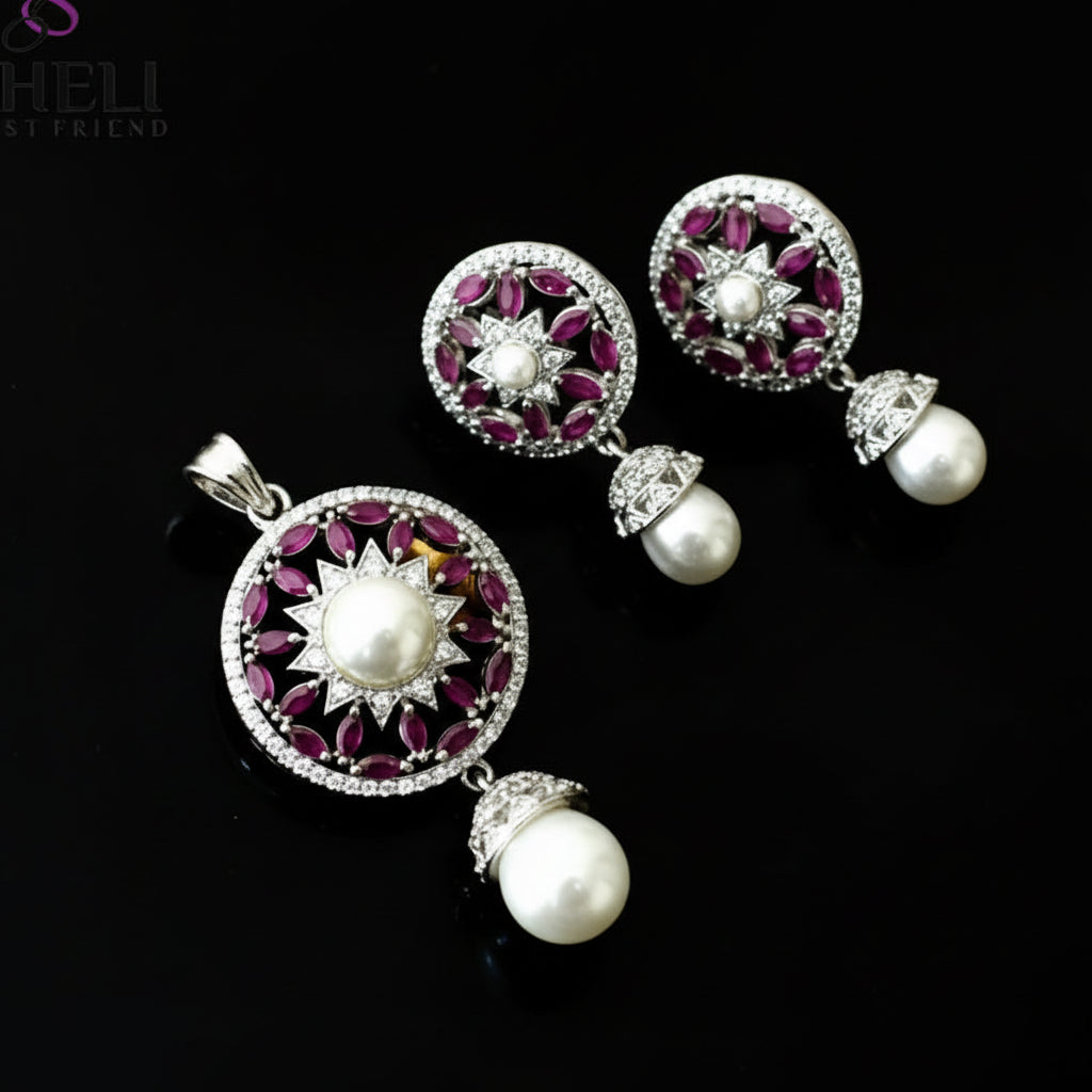 Jewelry set with pearls and gemstones on a dark background, featuring the brand 'Saheli'.