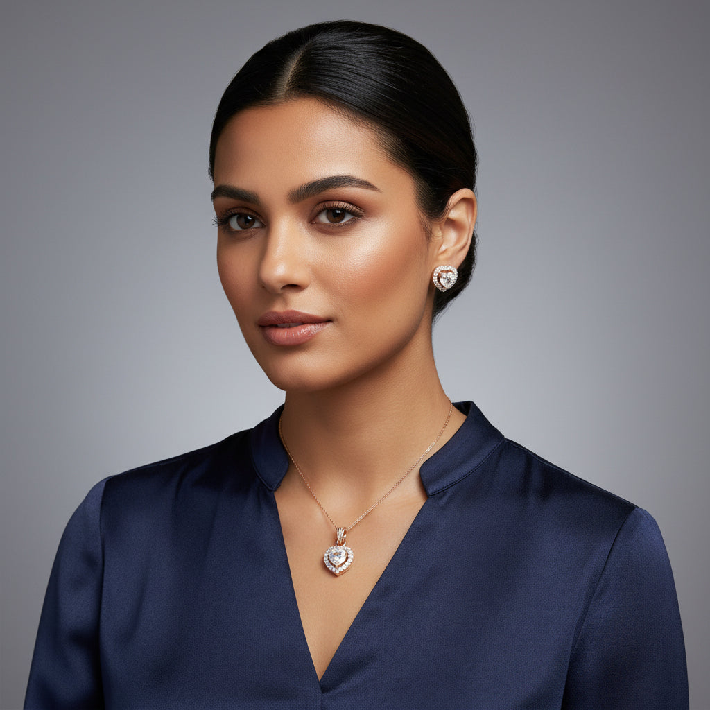 Heart-shaped jewelry set with earrings and a pendant on a dark background