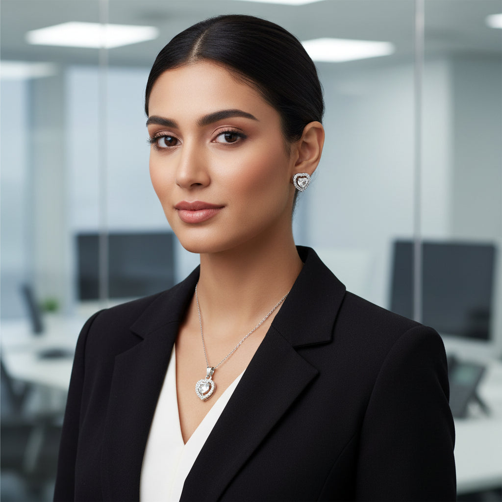 Heart-shaped diamond earrings and pendant set on a dark background