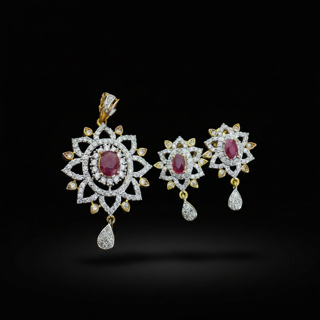 Jewelry set with pendant and earrings featuring red gemstones on a dark background, branded 'Saheli'.