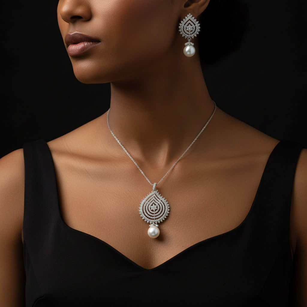 Silver earrings with pearls on a laptop keyboard