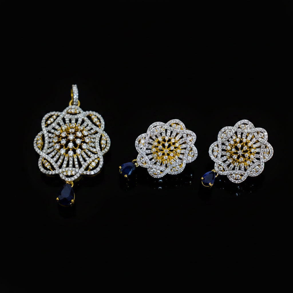 Jewelry set with floral designs on a dark background