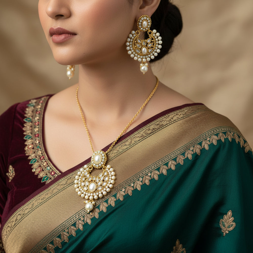 Gold and pearl earrings on a dark background with 'SAHELI' branding.