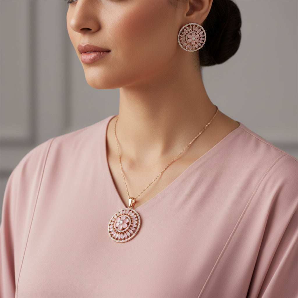 Jewelry set with a pendant and two earrings on a dark background