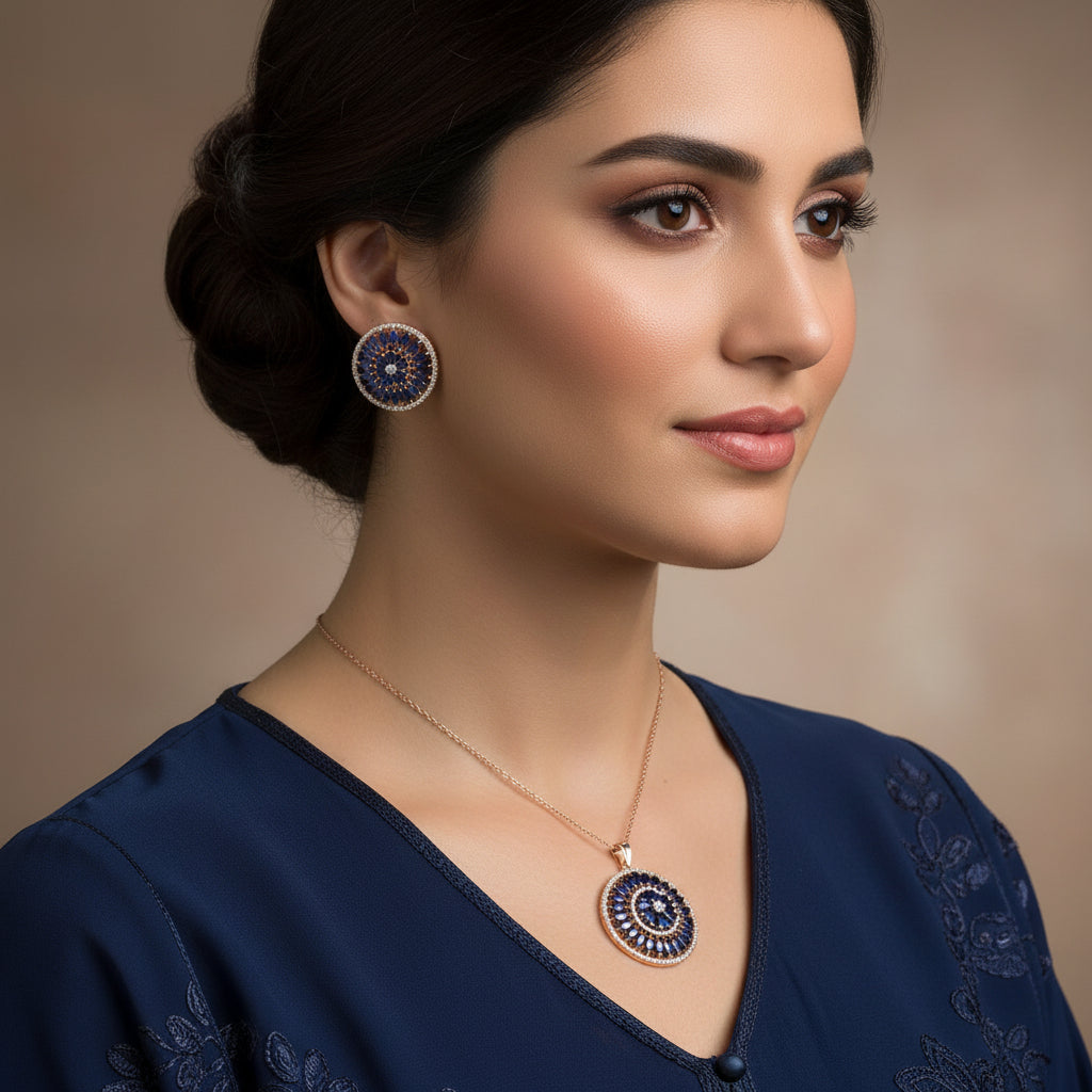 Jewelry set with circular pendant and earrings featuring blue gemstones on a dark background
