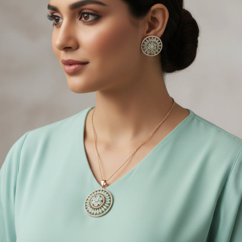 Jewelry set with round pendants on a dark background