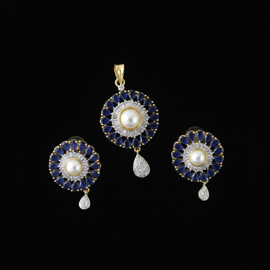 Jewelry set with pendant and earrings on a black background, featuring the brand 'Saheli'.