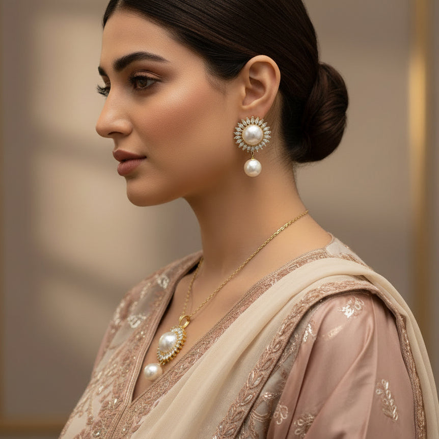 Pearl earrings with gold accents on a dark background, featuring the brand 'Saheli'.