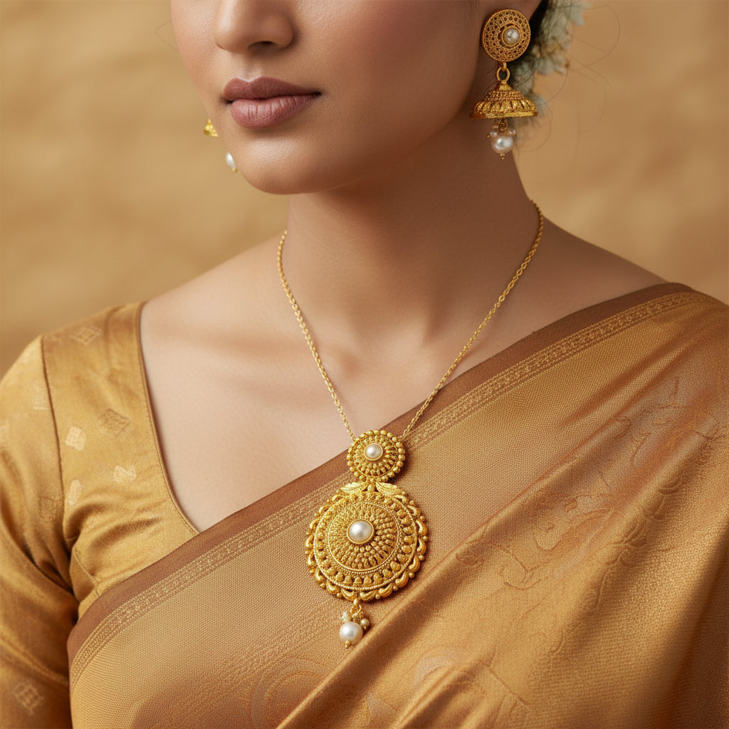 Gold earrings with pearl accents on a black background, featuring the brand 'SAHELI'.