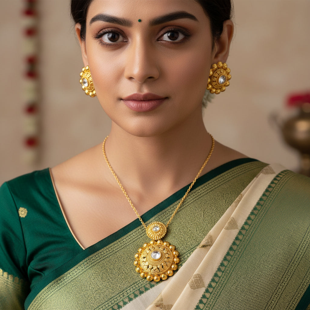 Gold earrings with intricate designs on a dark background, featuring the brand 'Saheli'.