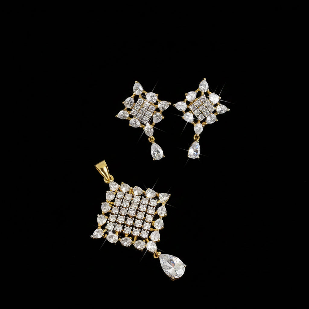 Diamond pendant and earrings on a black background with 'Saheli' branding.