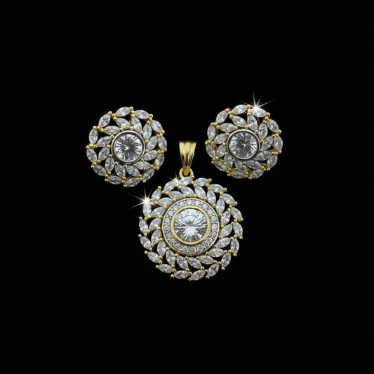 Gold and diamond jewelry set with 'Saheli' branding on a dark background