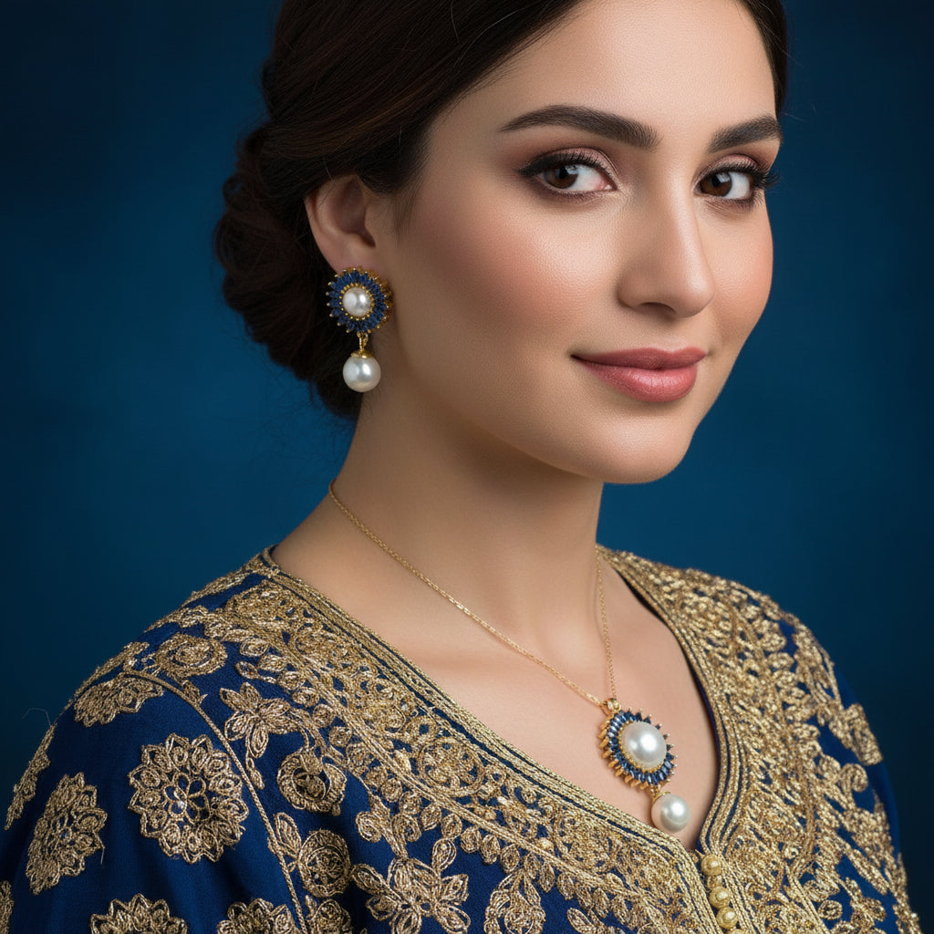 Pearl earrings with blue and gold accents on a dark background, branded 'Saheli'.